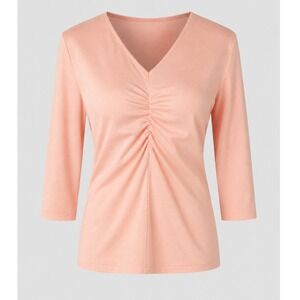 Cheryl Tiegs Peach Ruched V-Neck 3/4 Sleeve Top Small Vintage Style 12726